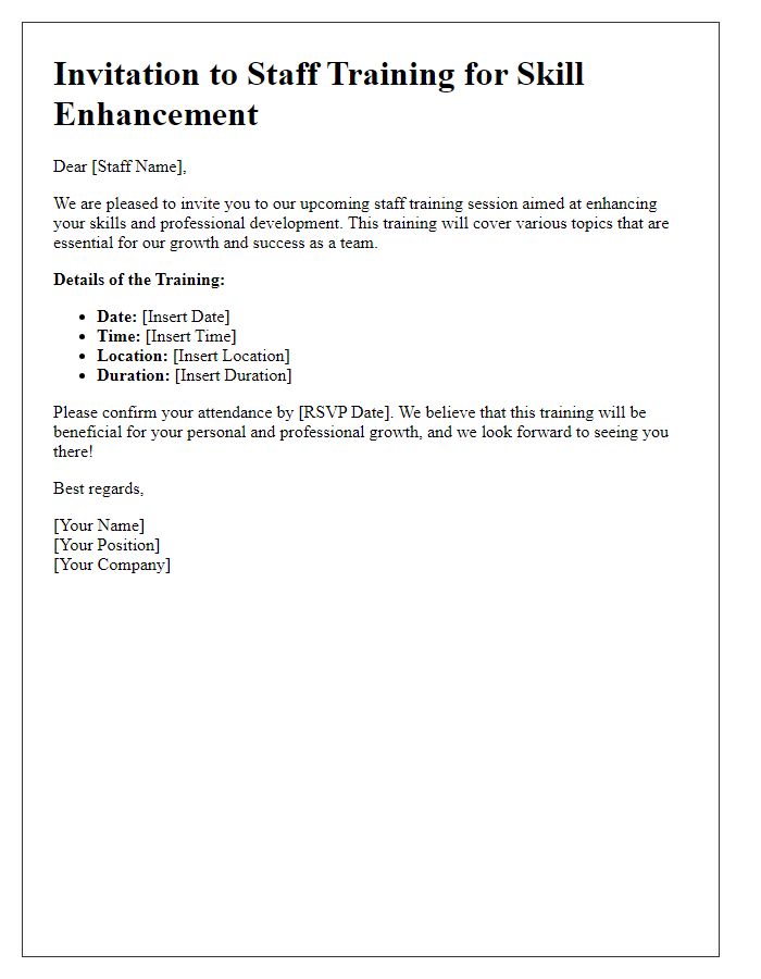 Letter template of staff training invitation for skill enhancement.