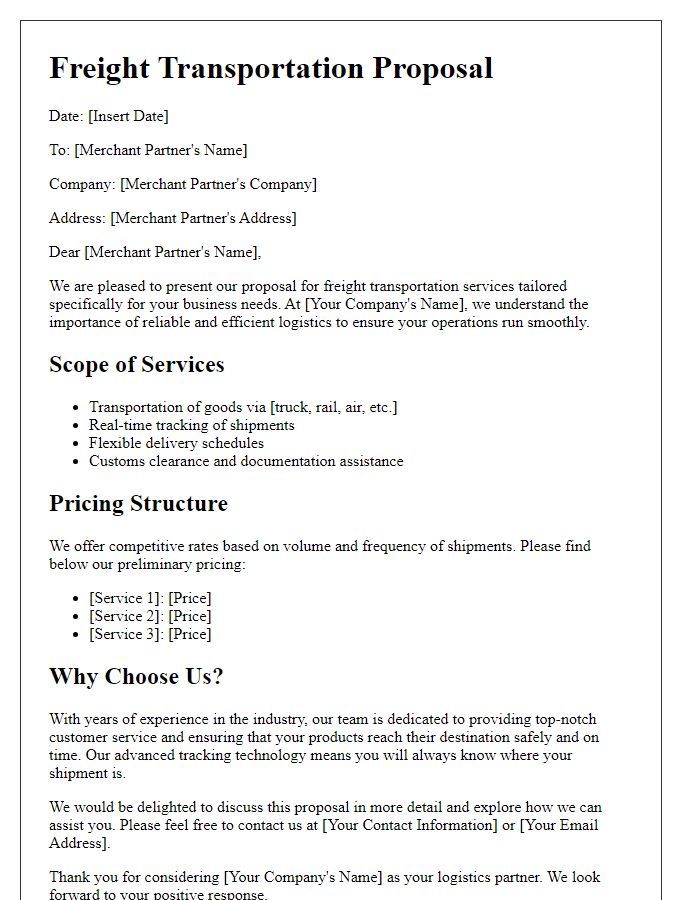 Letter template of freight transportation proposal for merchant partners