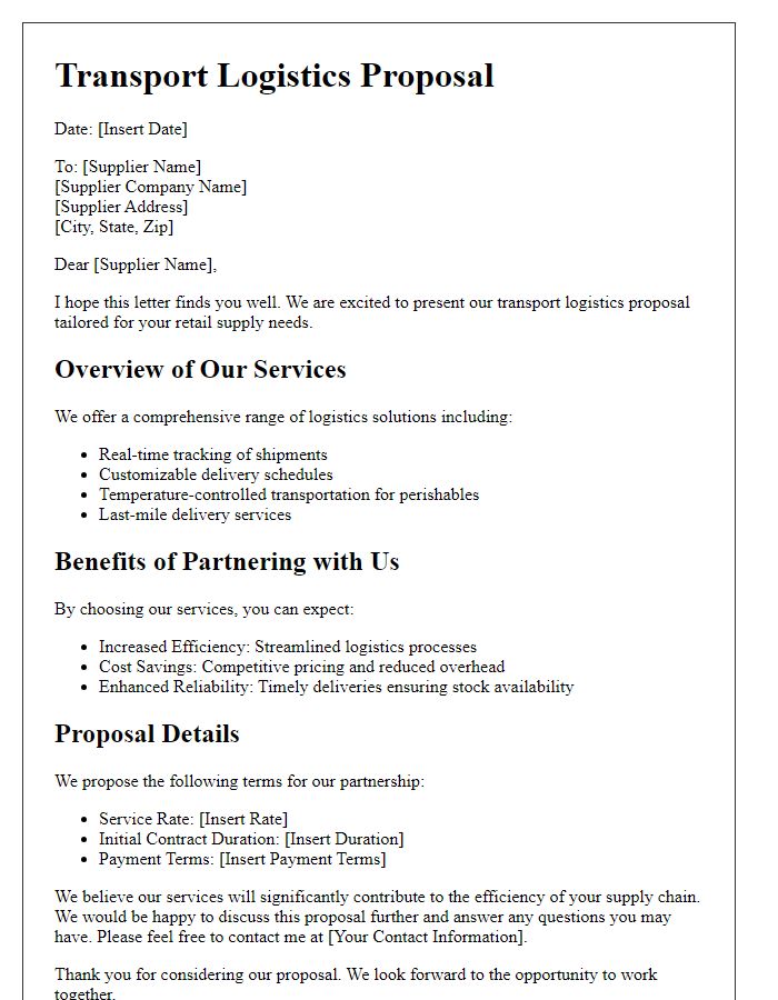 Letter template of transport logistics proposal for retail suppliers