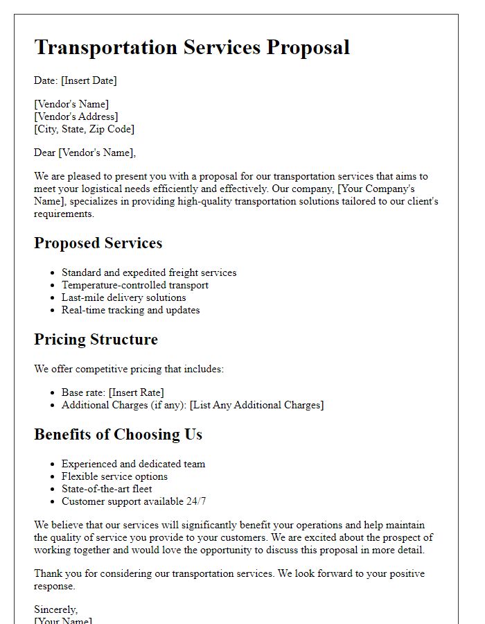 Letter template of transportation services proposal for vendors