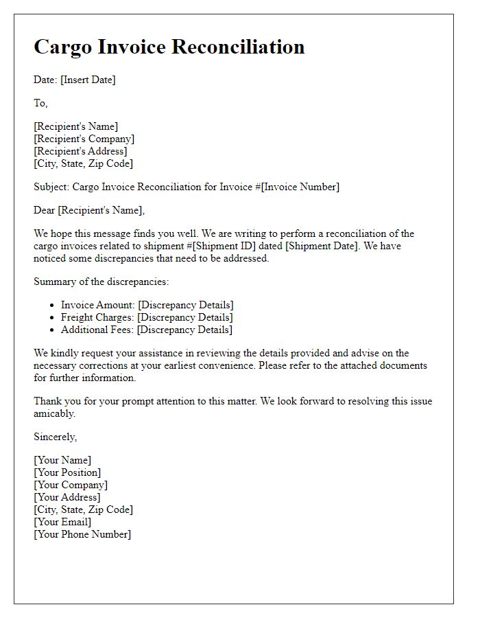 Letter template of cargo invoice reconciliation letter