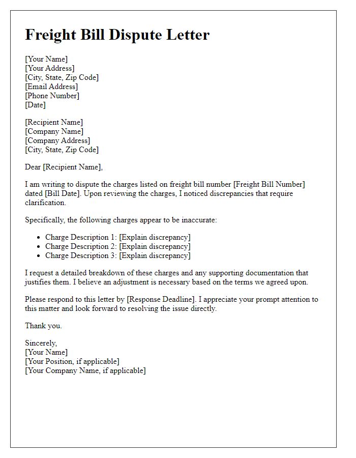 Letter template of freight bill dispute for inaccurate charges