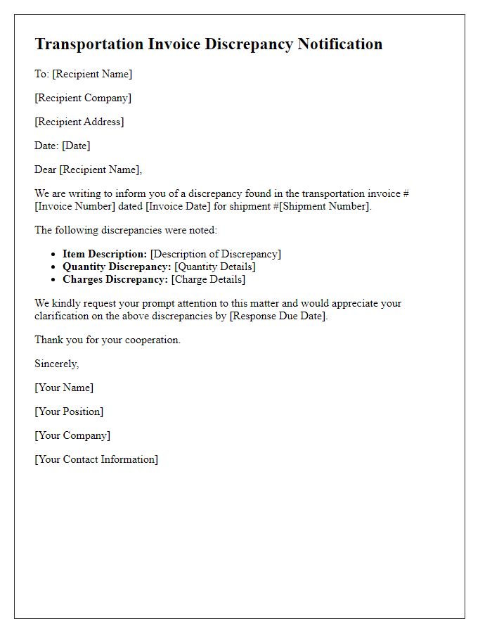 Letter template of transportation invoice discrepancy notification