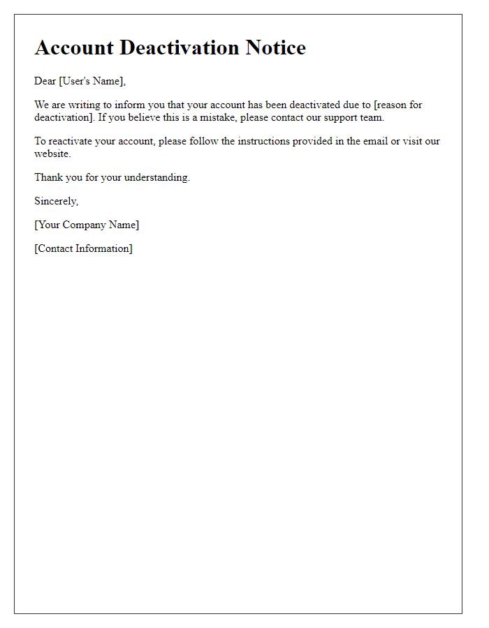 Letter template of user account deactivation alert