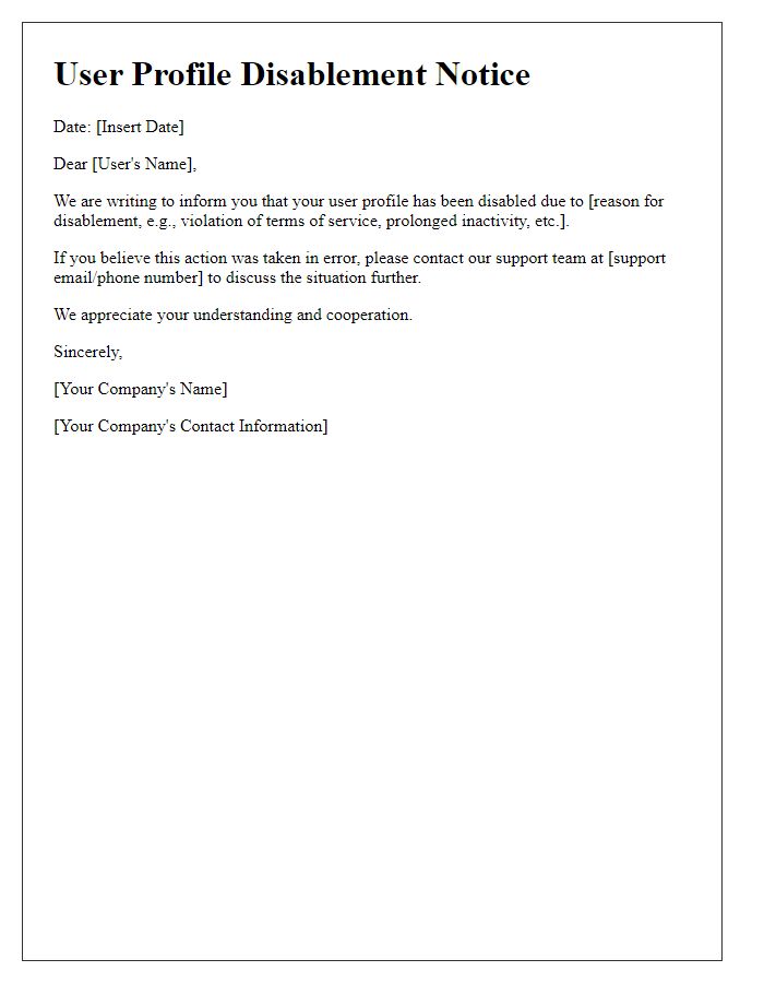 Letter template of user profile disablement notice