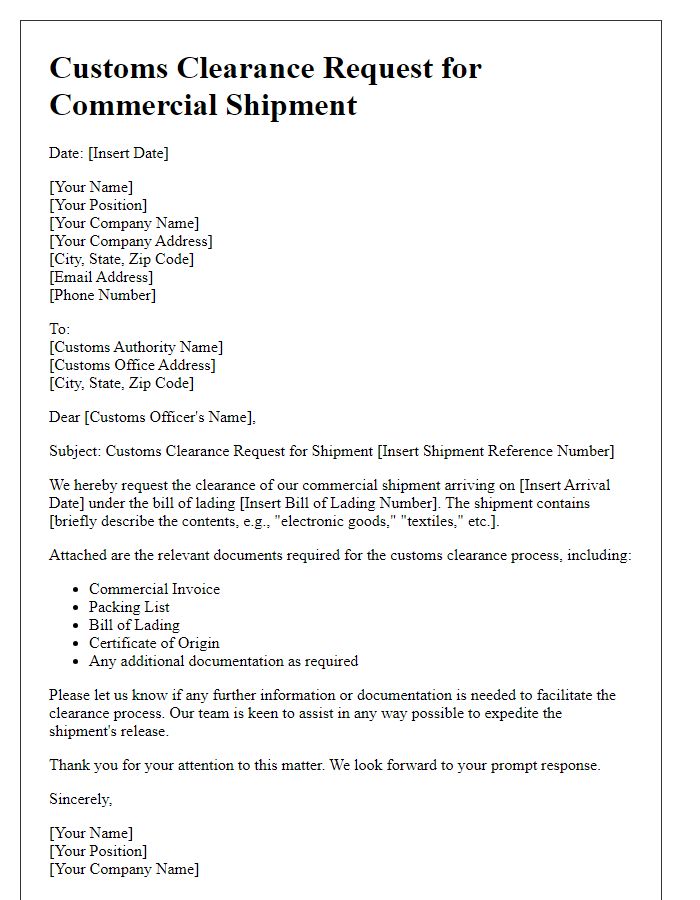 Letter template of customs clearance request for commercial shipment.