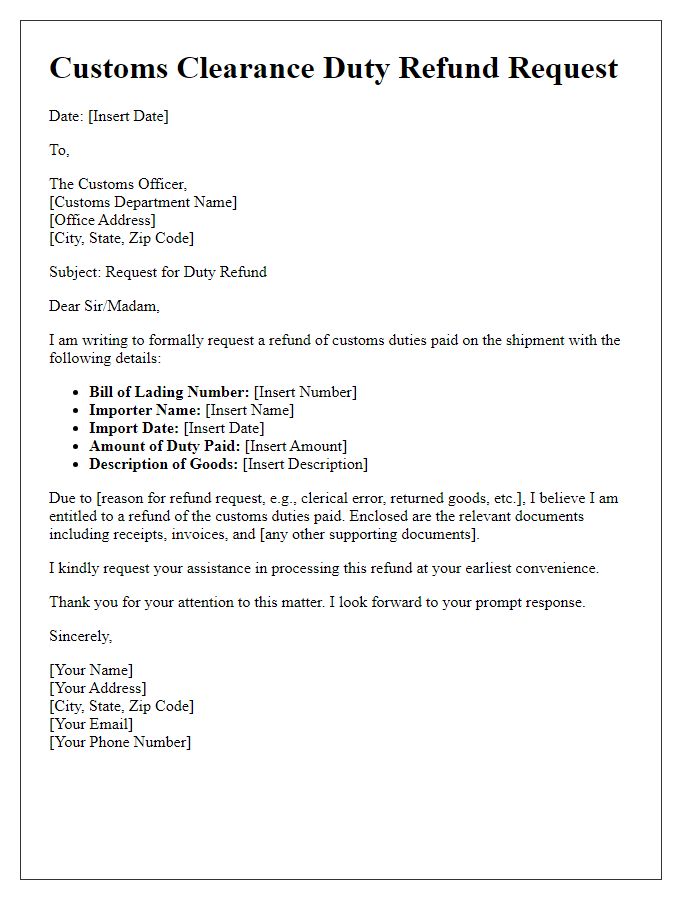 Letter template of customs clearance request for duty refund.