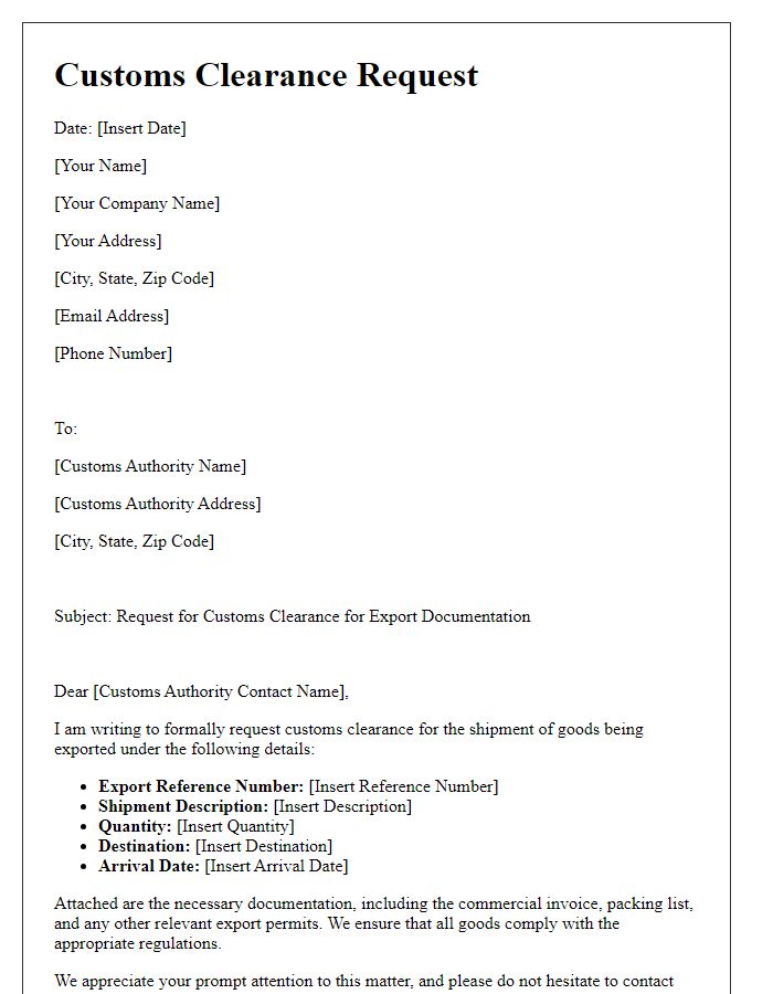 Letter template of customs clearance request for export documentation.