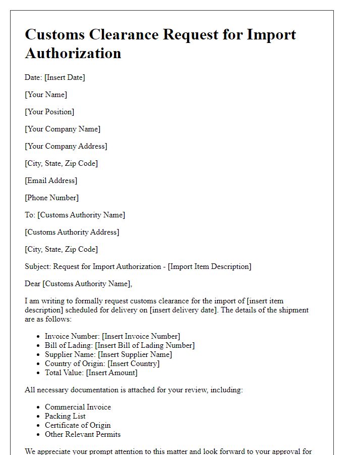 Letter template of customs clearance request for import authorization.