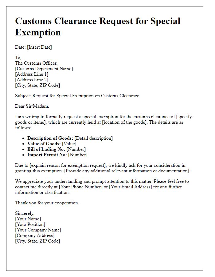 Letter template of customs clearance request for special exemption.