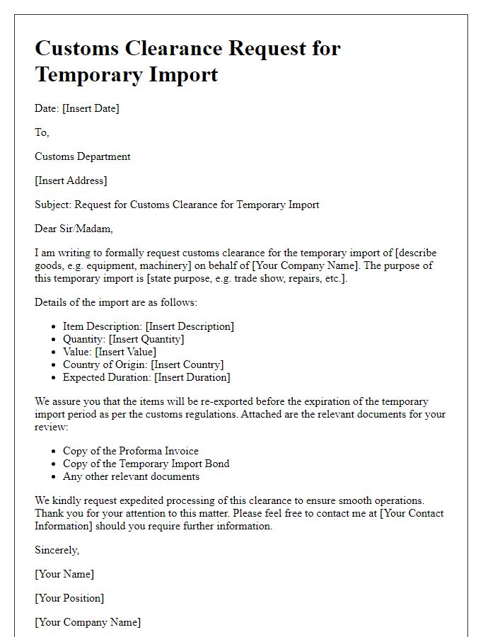 Letter template of customs clearance request for temporary import.