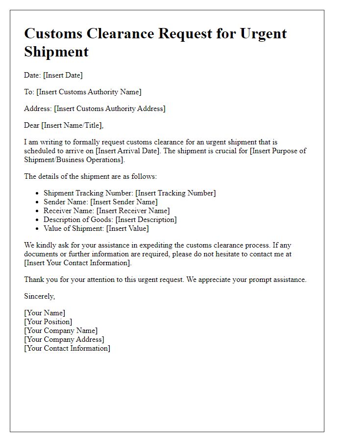 Letter template of customs clearance request for urgent shipment.