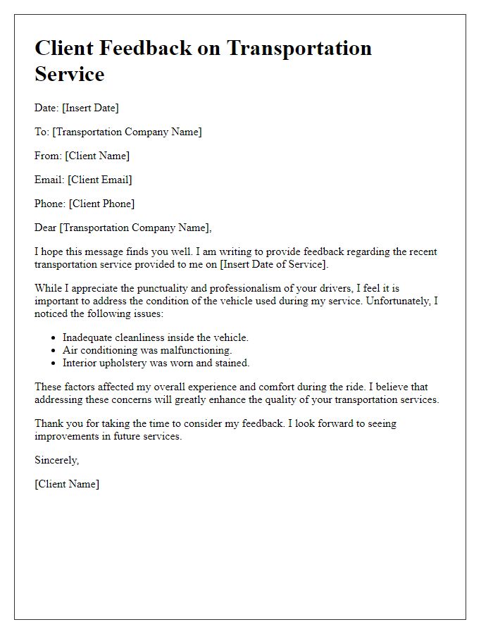 Letter template of client feedback addressing vehicle condition in transportation service.