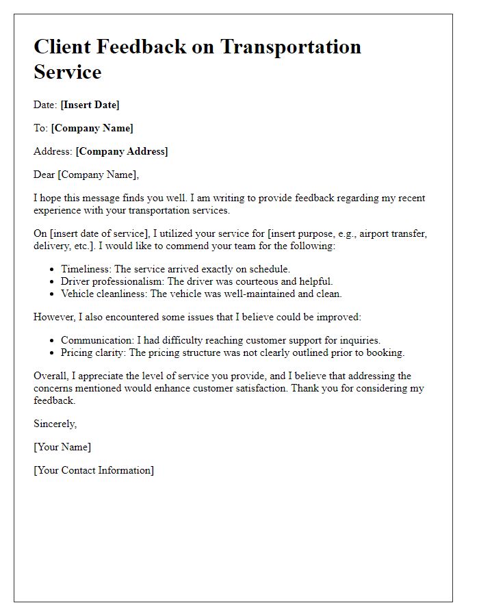 Letter template of client feedback concerning customer service in transportation service.