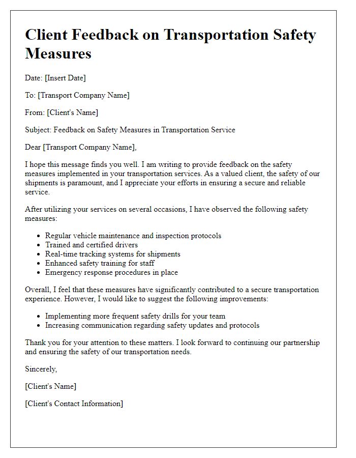 Letter template of client feedback regarding safety measures in transportation service.