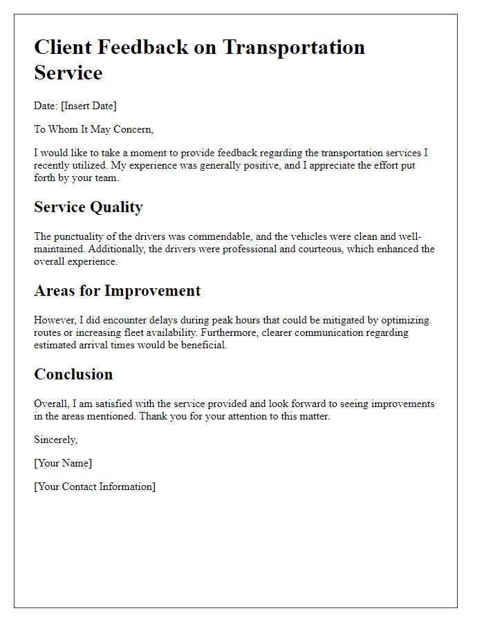 Letter template of client feedback regarding transportation service quality.