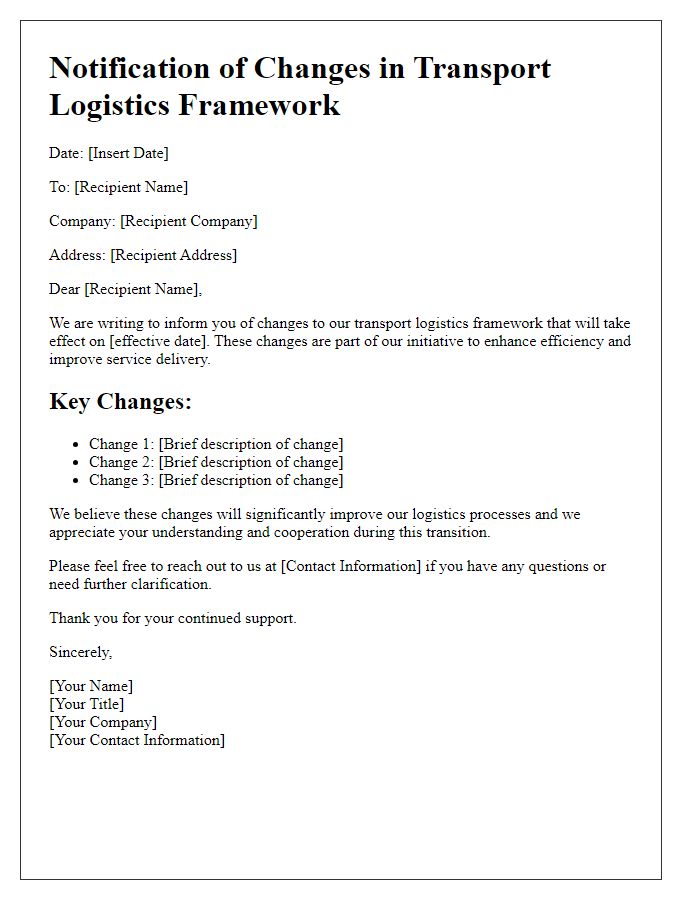 Letter template of changes in transport logistics framework