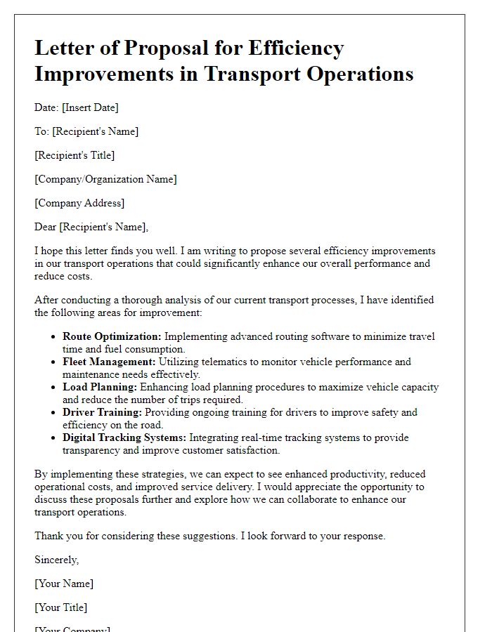 Letter template of efficiency improvements in transport operations