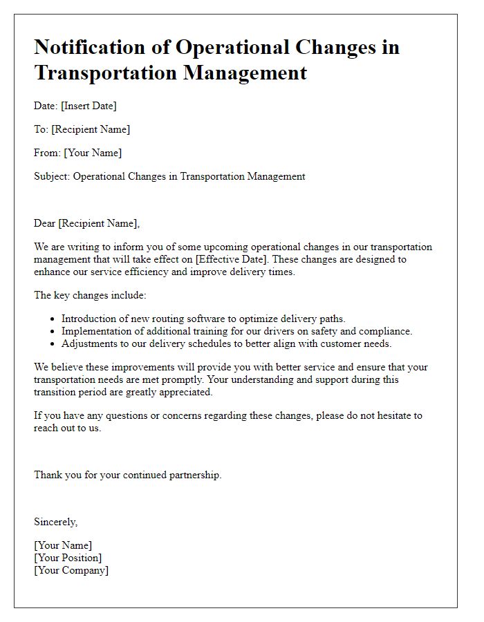 Letter template of operational changes in transportation management