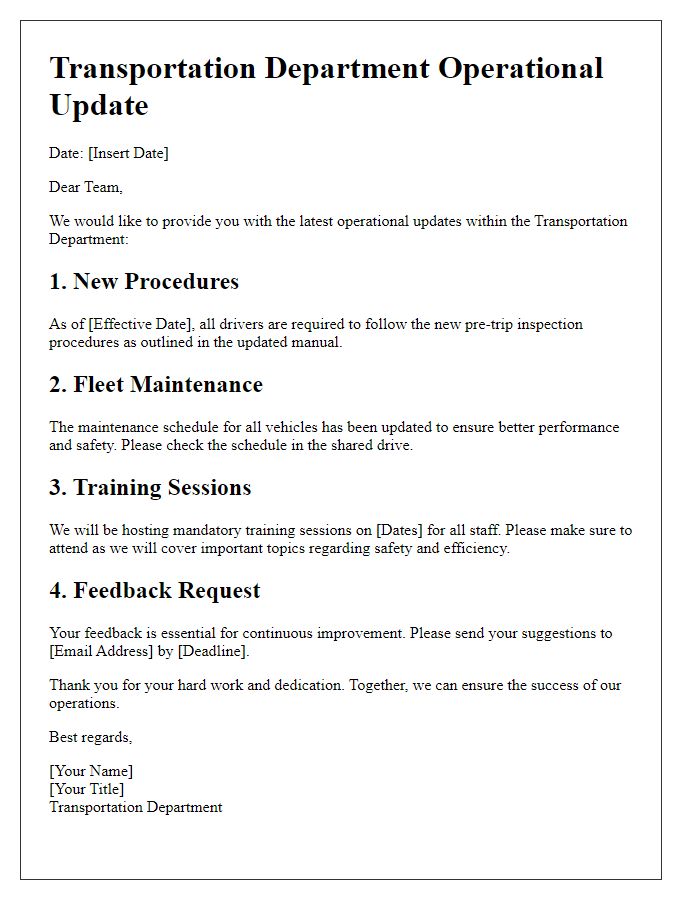 Letter template of operational updates for the transportation department