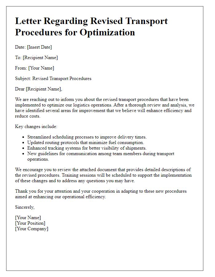 Letter template of revised transport procedures for optimization