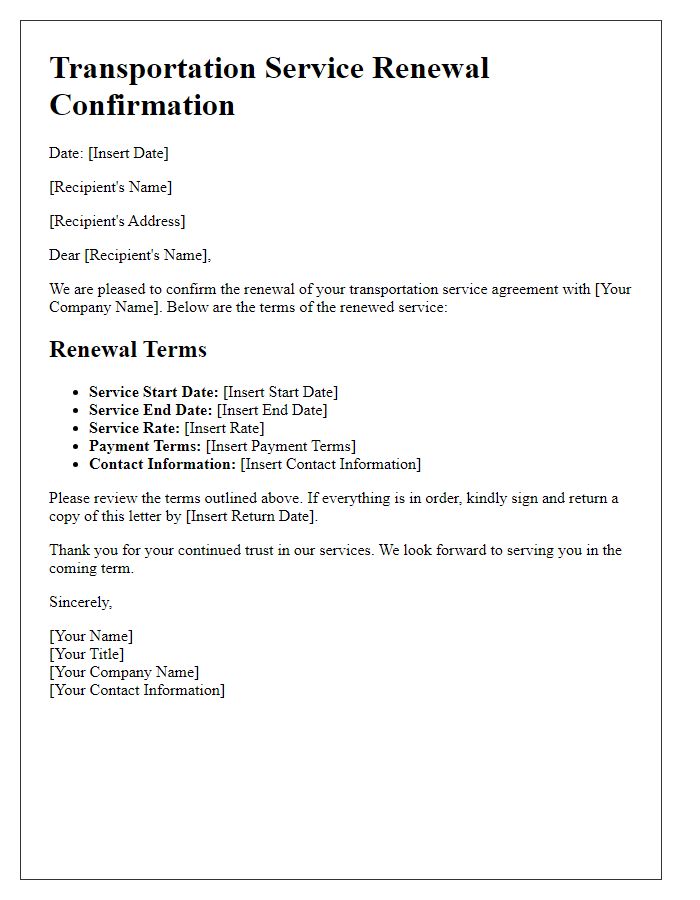 Letter template of confirmation for transportation service renewal terms