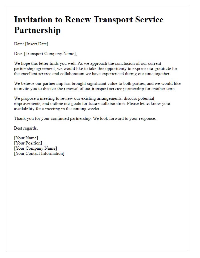 Letter template of invitation to renew transport service partnership