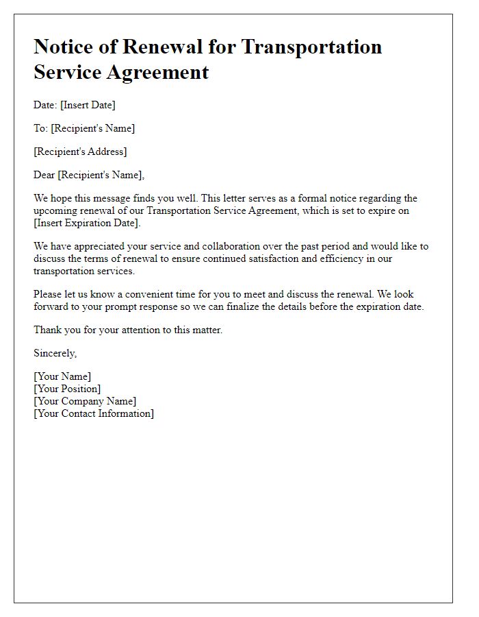 Letter template of notice for renewing transportation service agreement