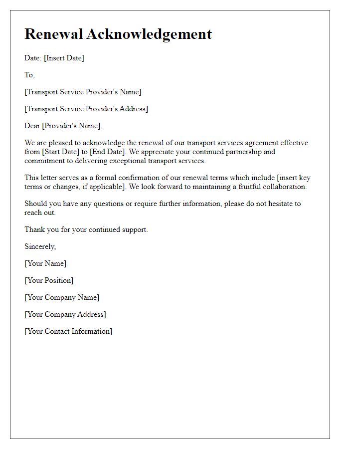 Letter template of renewal acknowledgement for transport services