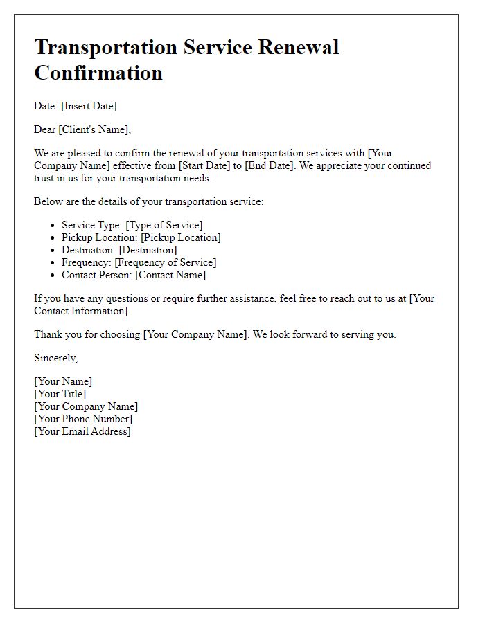 Letter template of transportation service renewal confirmation