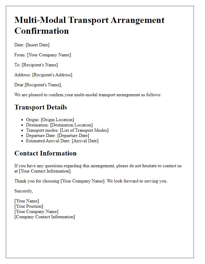 Letter template of multi-modal transport arrangement confirmation