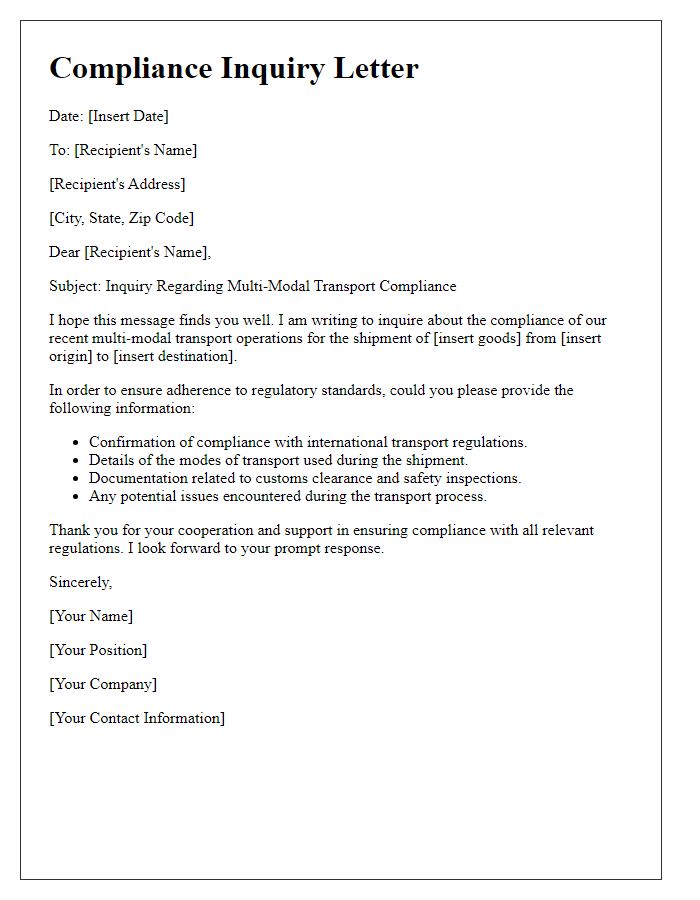 Letter template of multi-modal transport compliance inquiry