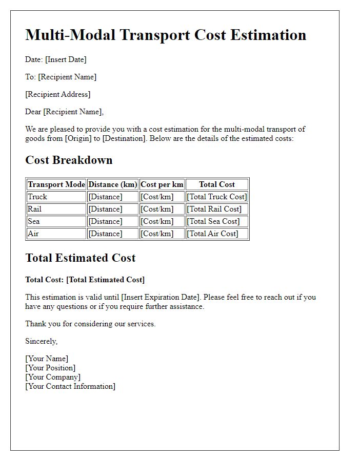 Letter template of multi-modal transport cost estimation