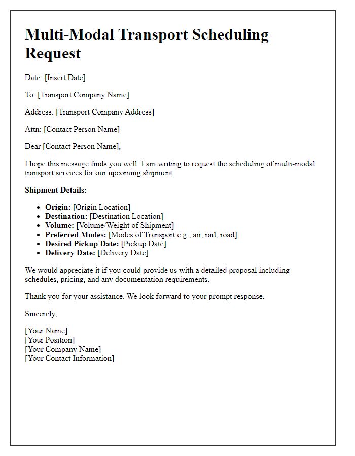 Letter template of multi-modal transport scheduling request