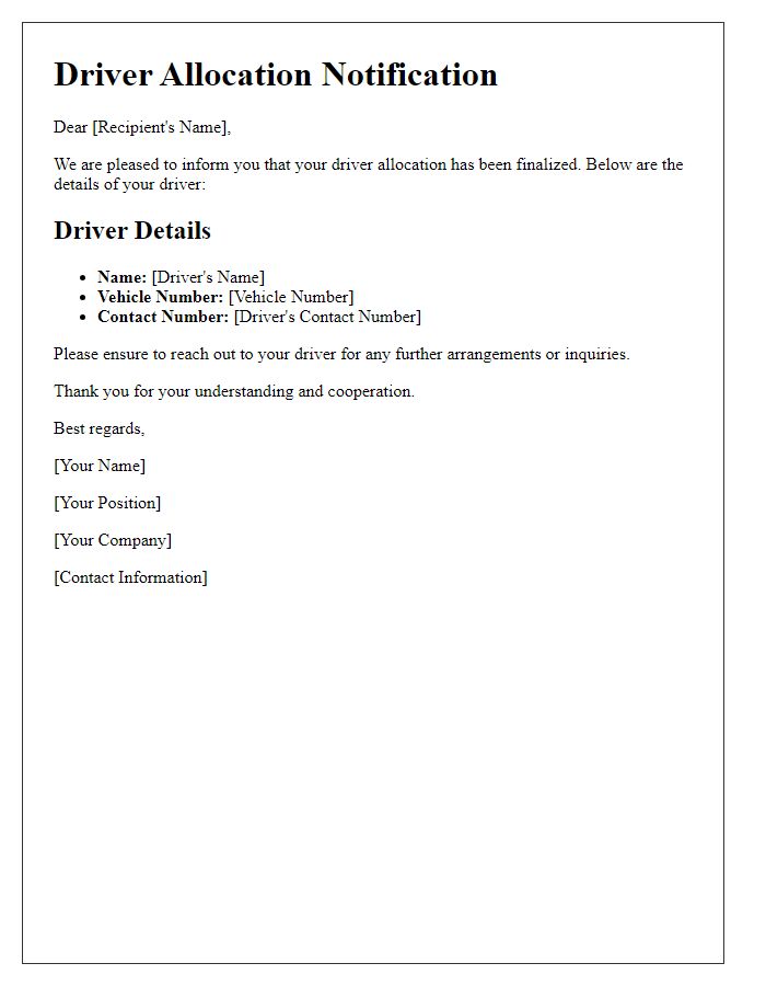 Letter template of driver allocation communication notification