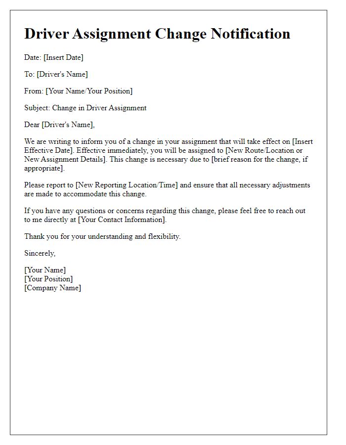 Letter template of driver assignment change notification