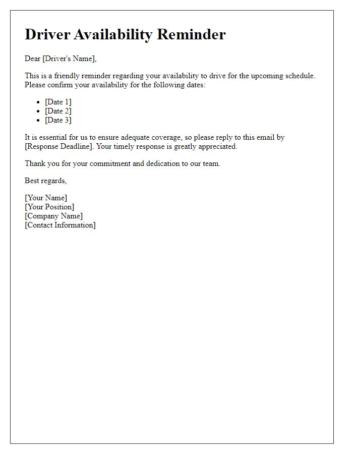 Letter template of driver availability reminder notification