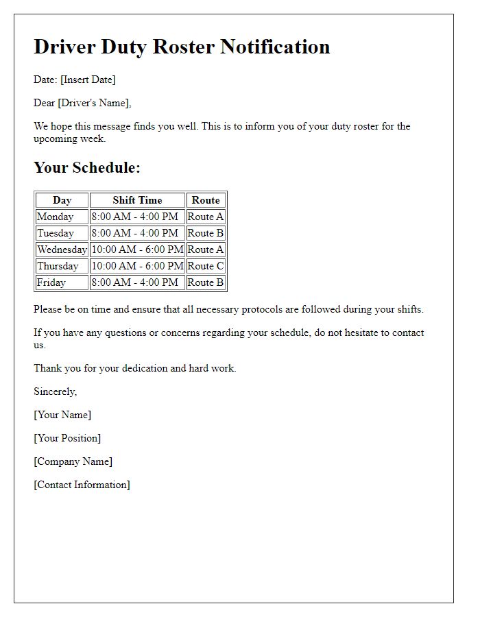 Letter template of driver duty roster notification