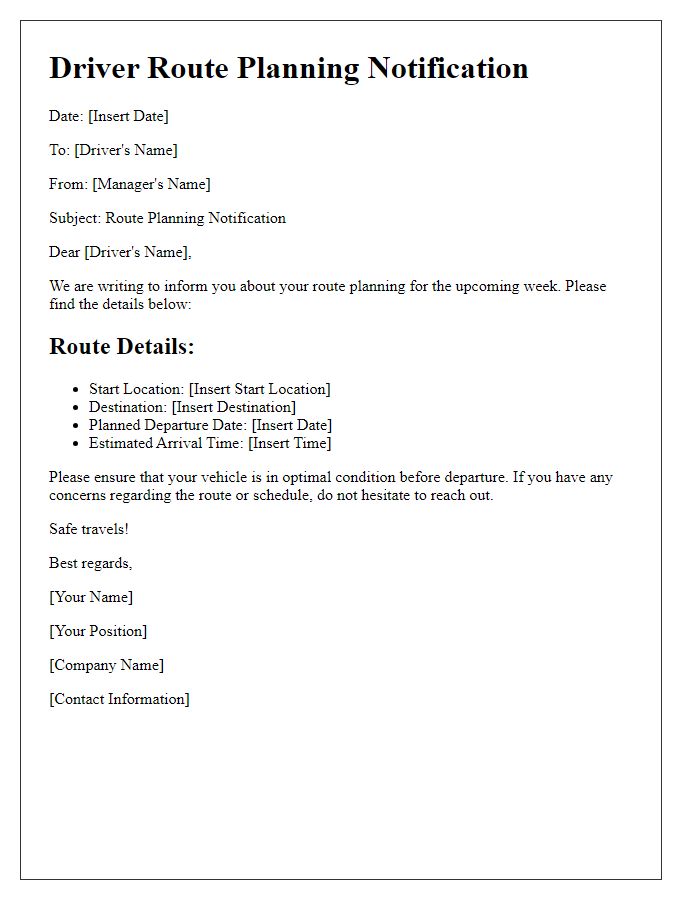 Letter template of driver route planning notification