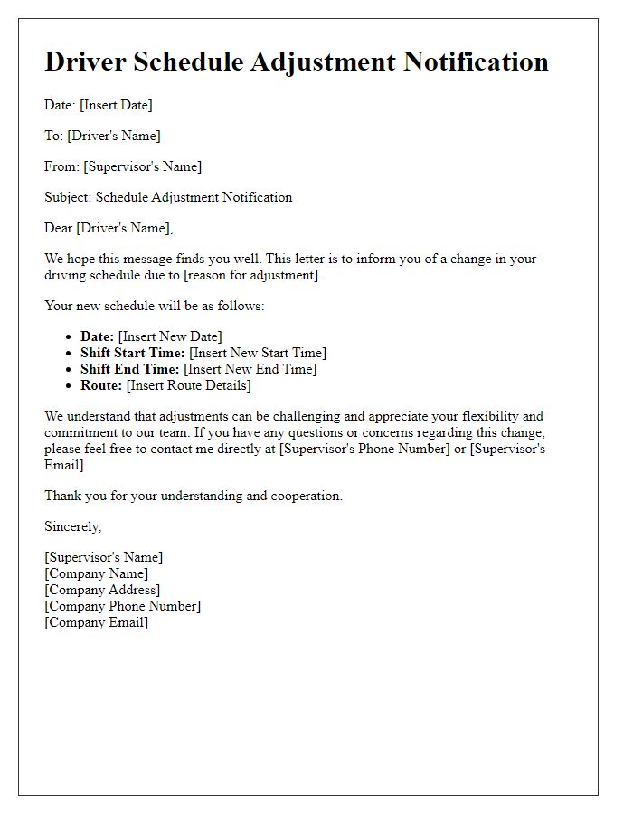 Letter template of driver schedule adjustment notification