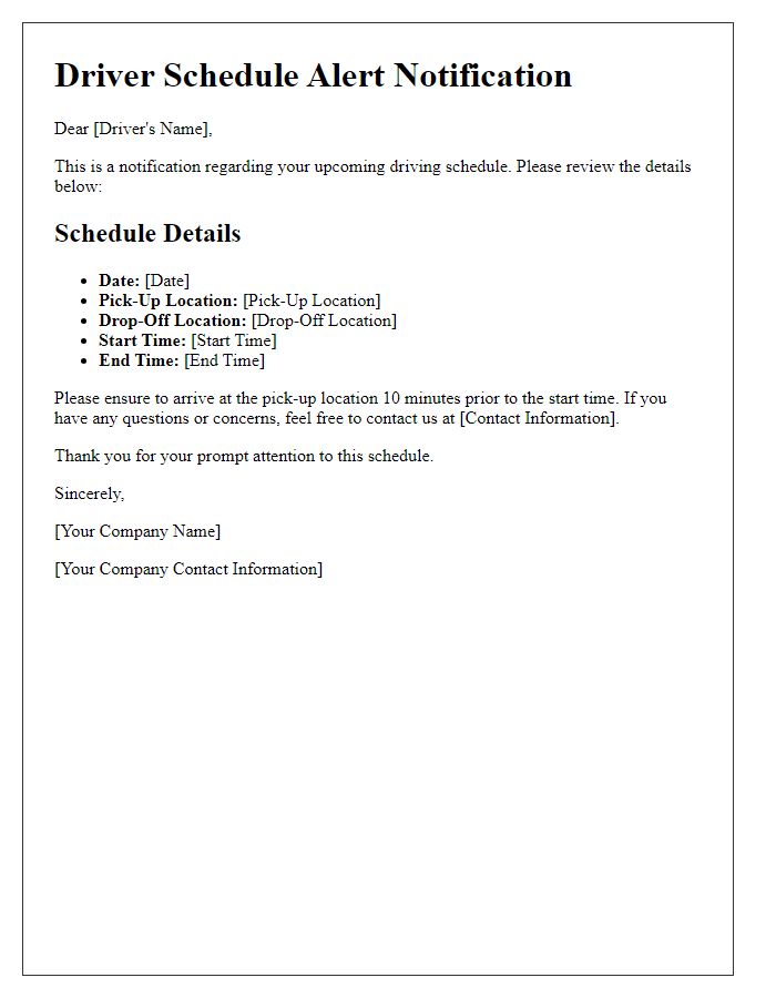 Letter template of driver schedule alert notification