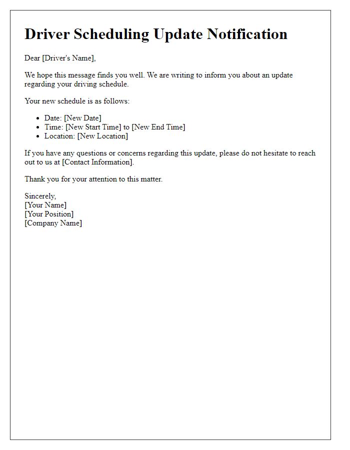 Letter template of driver scheduling update notification