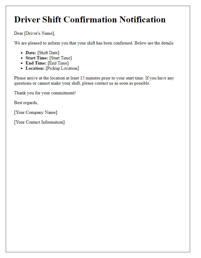 Letter template of driver shift confirmation notification