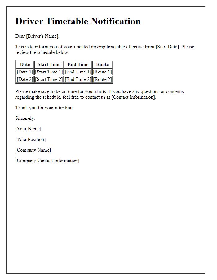 Letter template of driver timetable notification