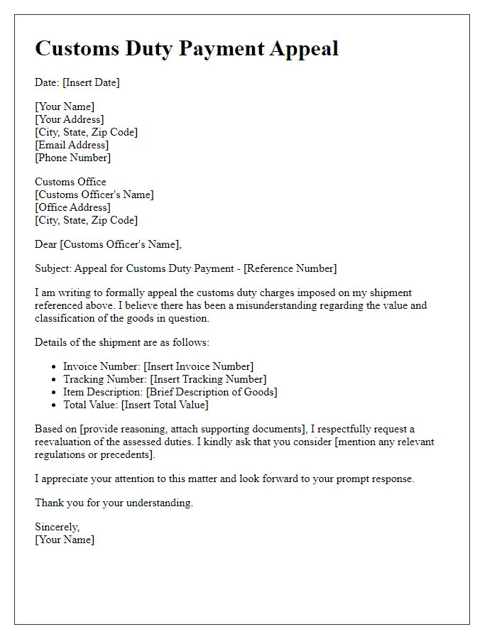 Letter template of customs duty payment appeal