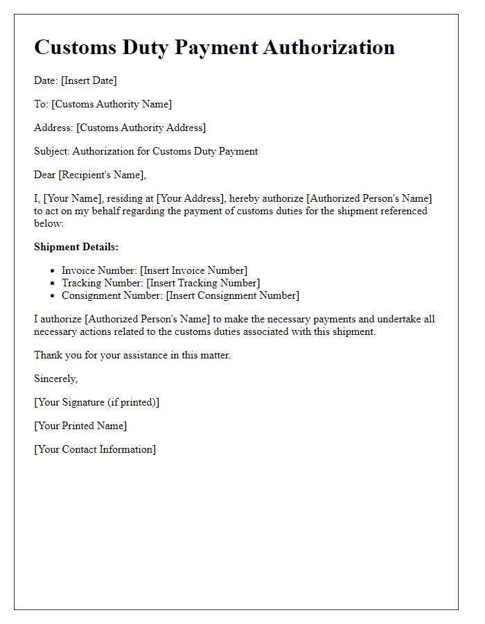 Letter template of customs duty payment authorization