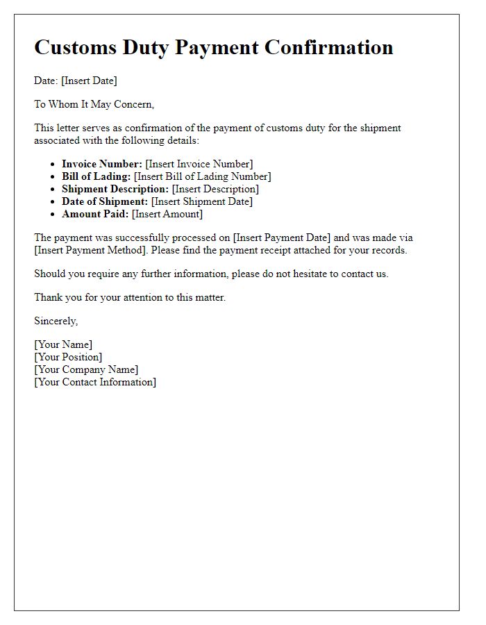 Letter template of customs duty payment confirmation