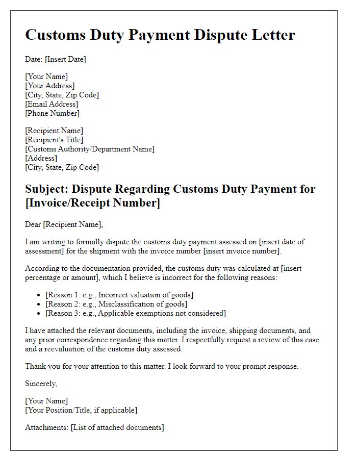 Letter template of customs duty payment dispute