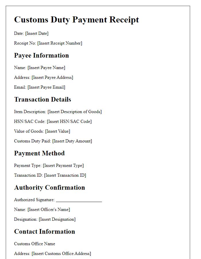 Letter template of customs duty payment receipt