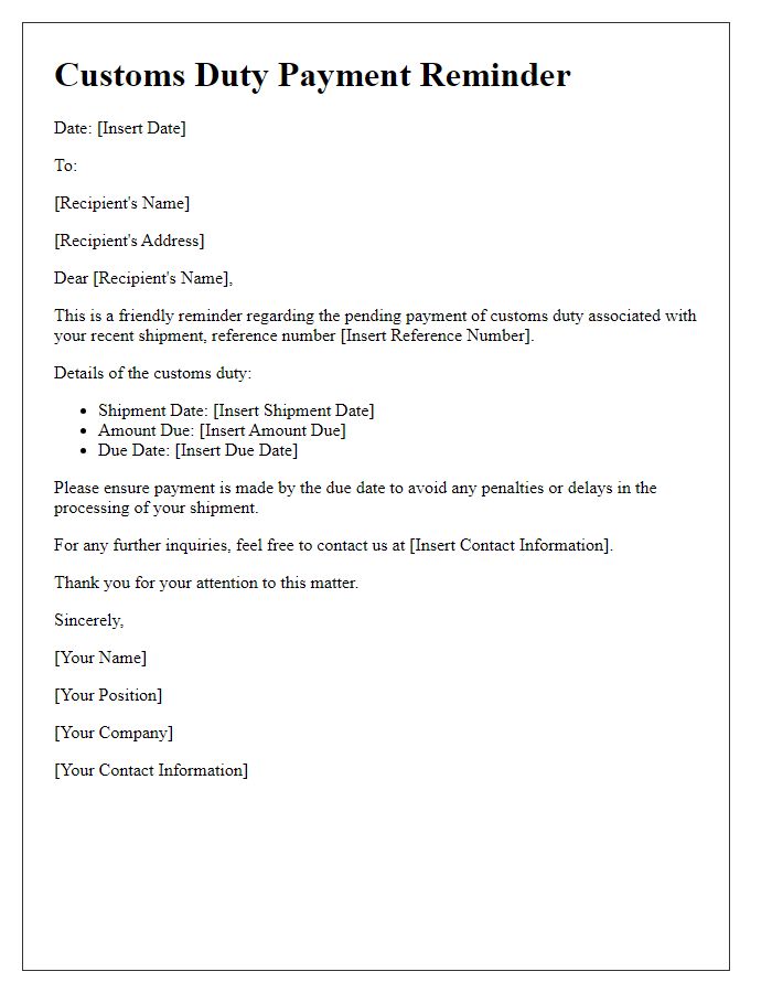 Letter template of customs duty payment reminder